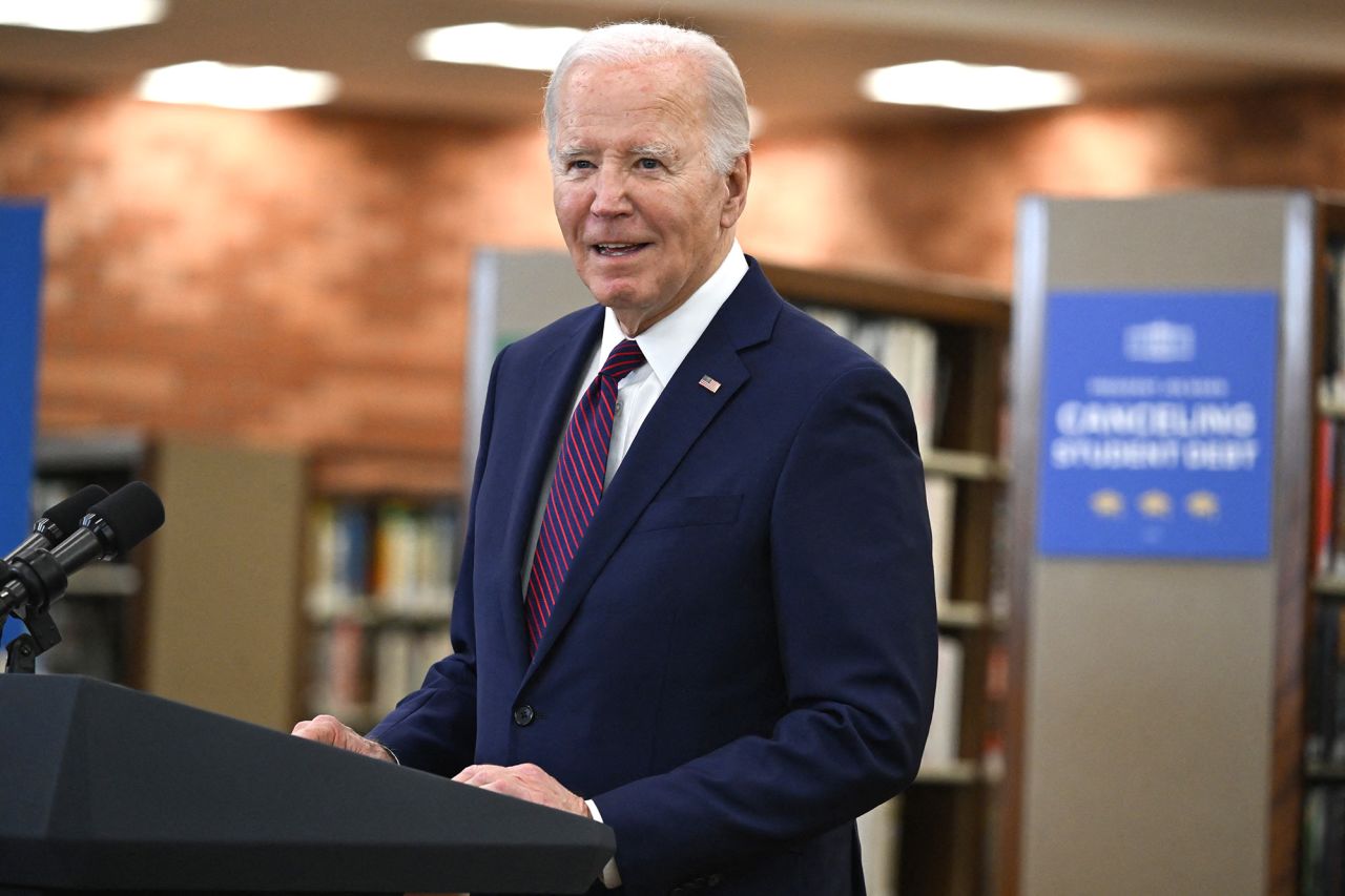 US President Joe Biden speaks during an event at the Julian Dixon Library in Culver City, California, on February 21.