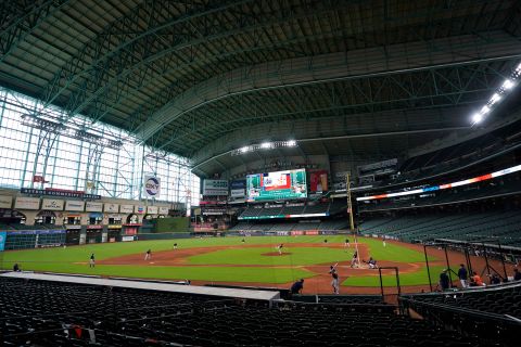 The Houston Astros play a simulated baseball game inside Minute Maid Park in Houston on July 9.