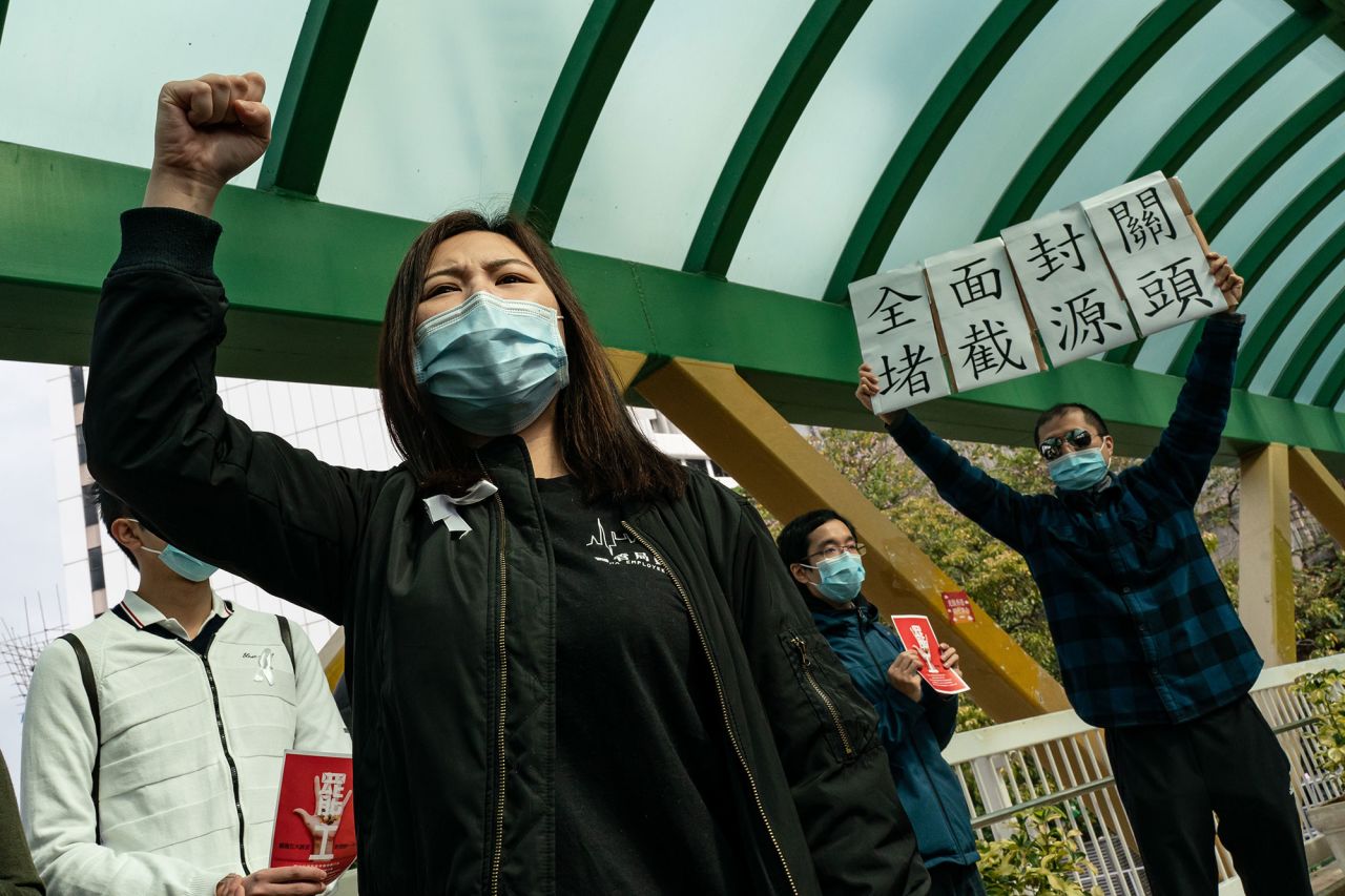 Medical workers hold a strike near Queen Mary Hospital in Hong Kong, on February 3.