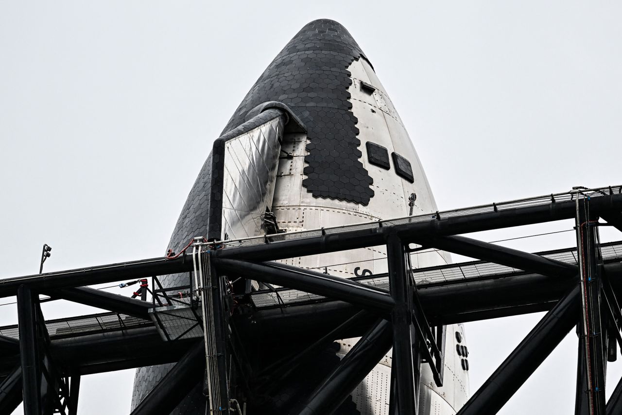 Starship's hexagon tiles can be seen as the spacecraft sits on the launchpad in Boca Chica, near Brownsville, Texas on March 13.