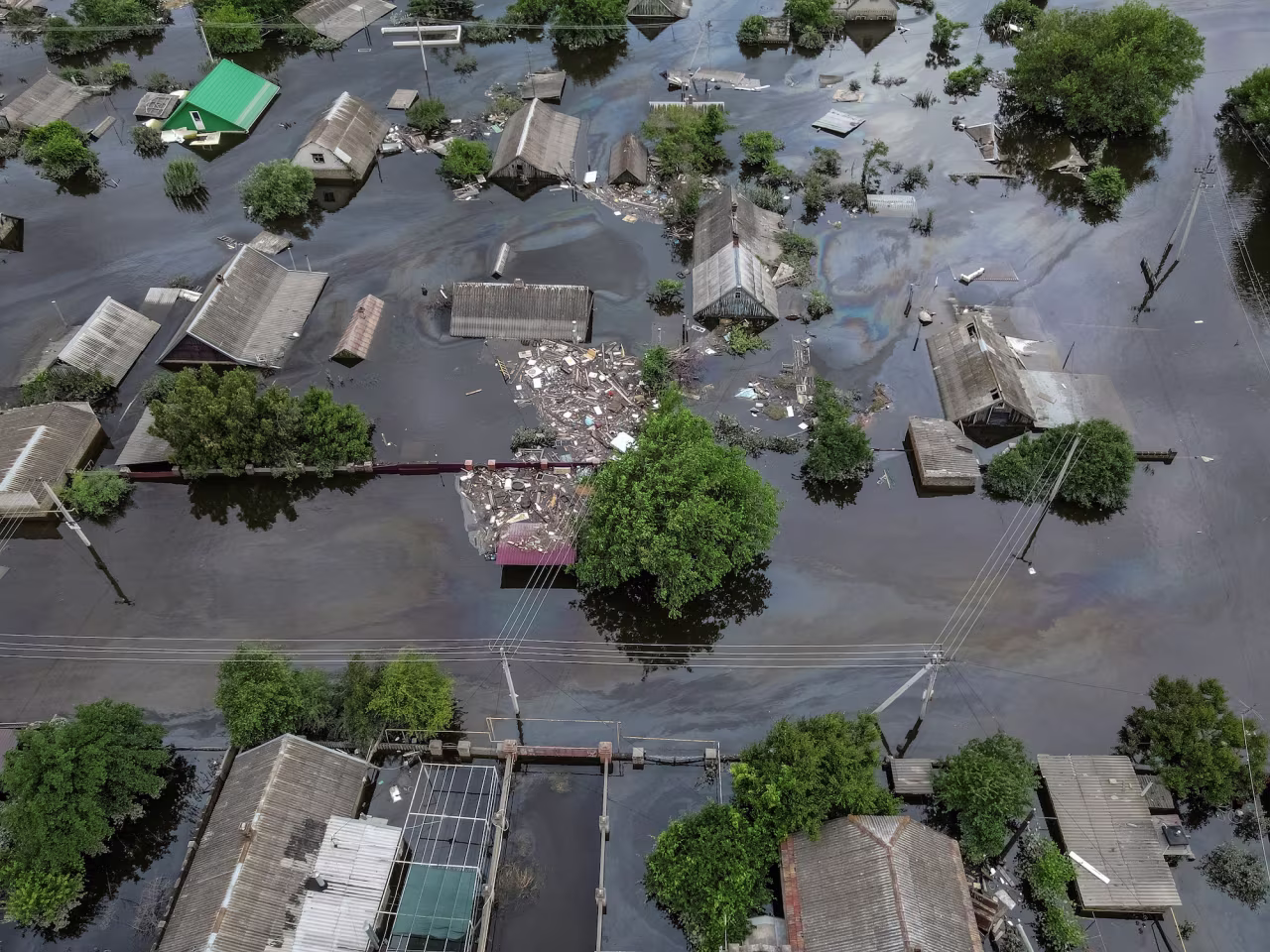 An aerial view shows a flooded area in Kherson on Saturday.