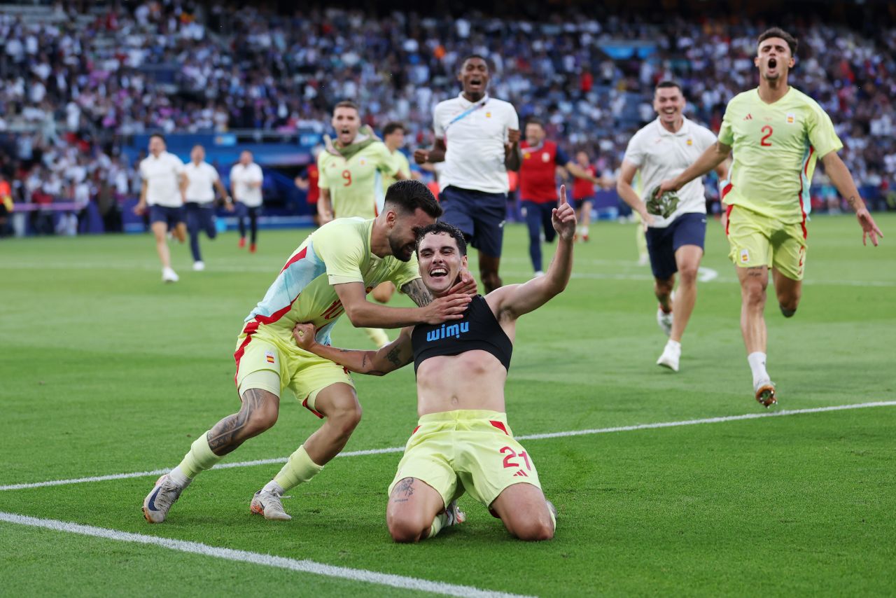 Sergio Camello of Spain celebrates scoring his team's fifth goal against France.