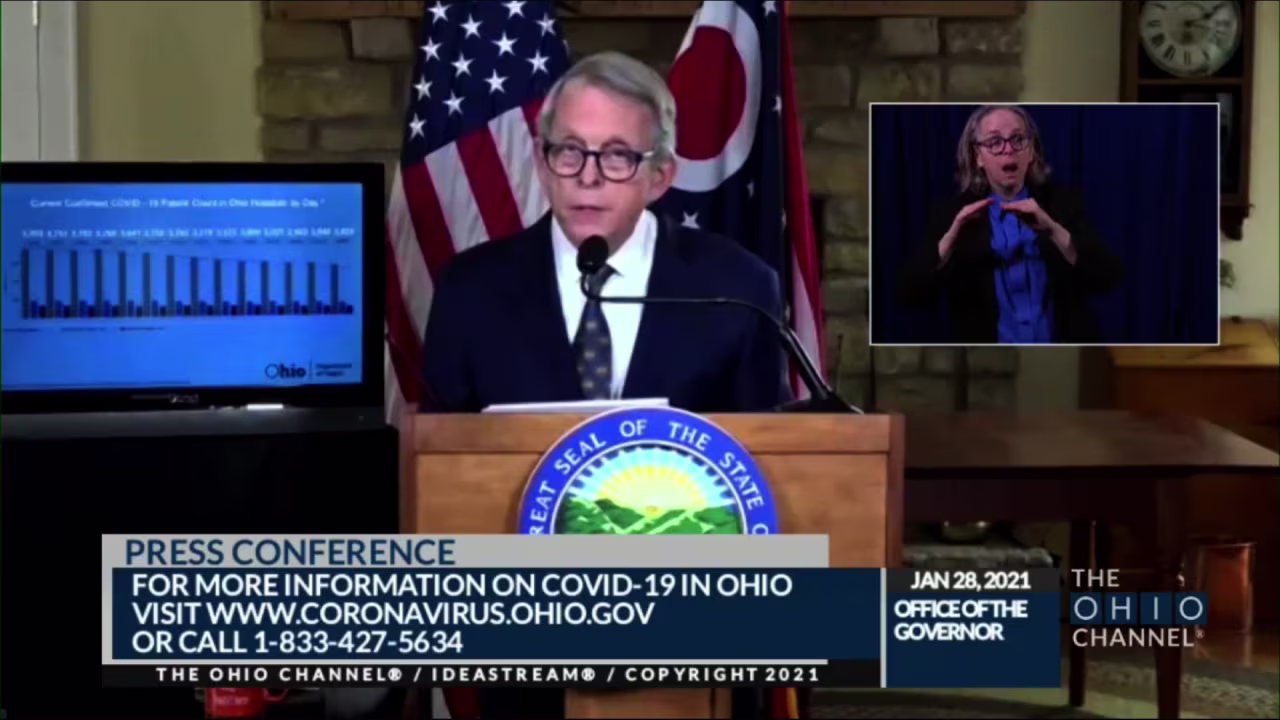 Gov. Mike DeWine speaks during a press conference in Columbus, Ohio, on January 28.