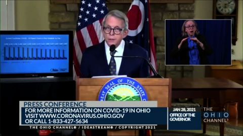 Gov. Mike DeWine speaks during a press conference in Columbus, Ohio, on January 28.