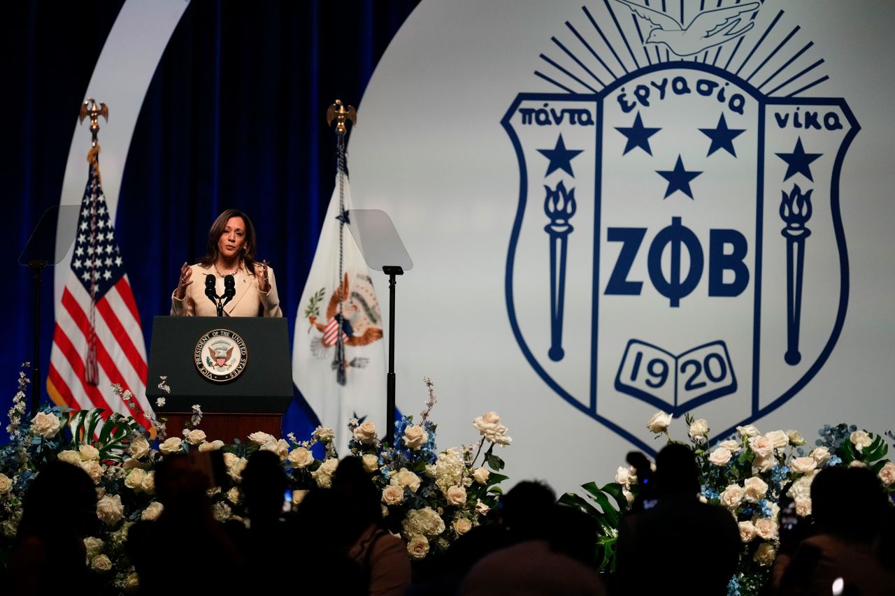 Vice President Kamala Harris speaks during a Zeta Phi Beta Sorority event in Indianapolis on Wednesday.