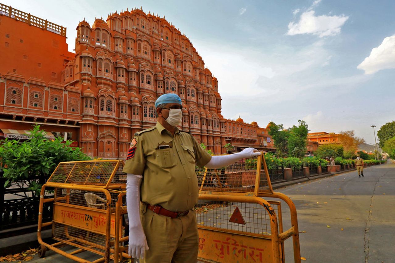 Security personnel near Hawa Mahal, Badi Chopad area during the nationwide lockdown imposed to curb the spread of the coronavirus pandemic in Jaipur, Rajasthan, India, on April 7.