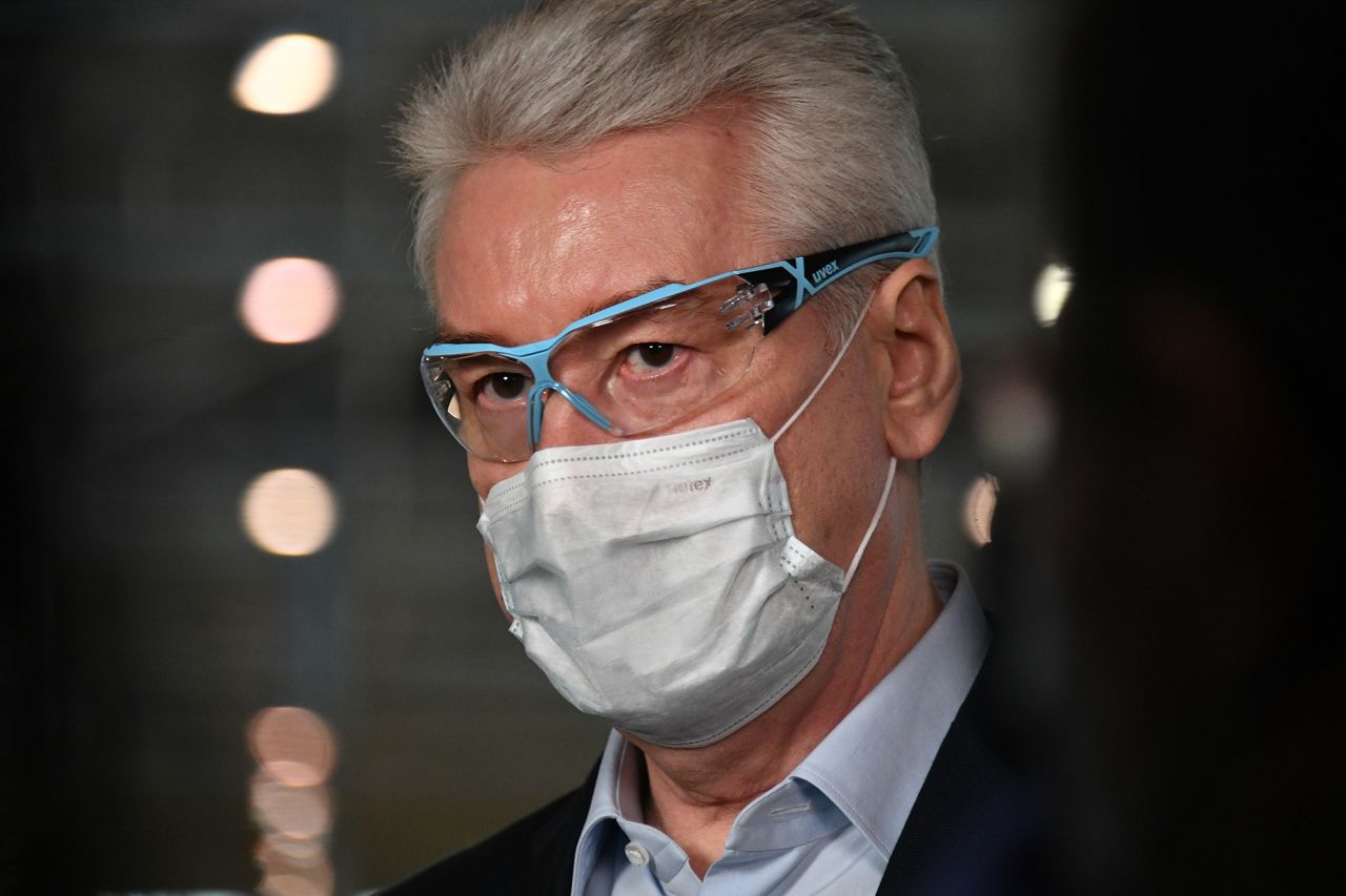 Moscow Mayor Sergey Sobyanin visits a temporary hospital under construction for coronavirus patients in the Russian capital on May 7. 