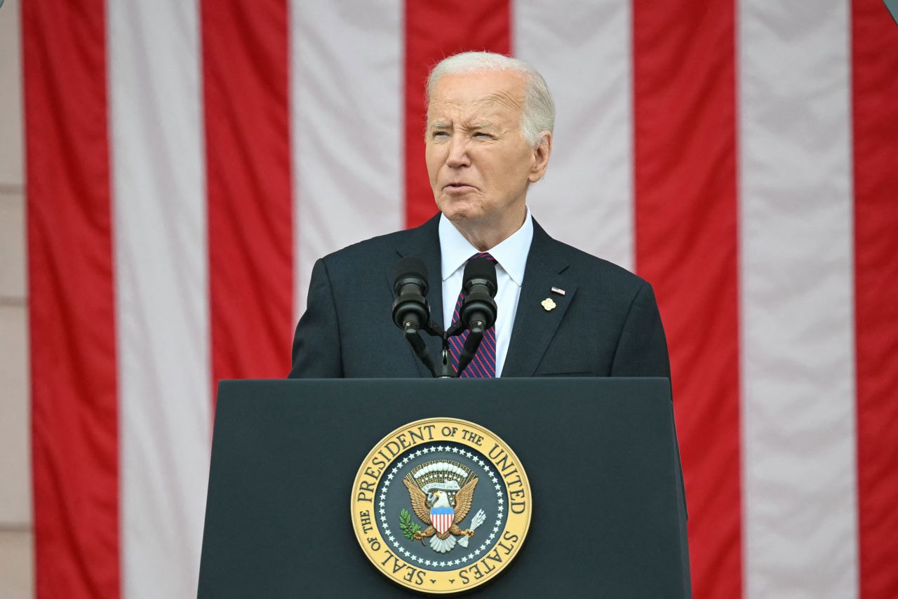 President Joe Biden speaks at the National Memorial Day observance at Arlington National Cemetery in Arlington, Virginia, on Monday.