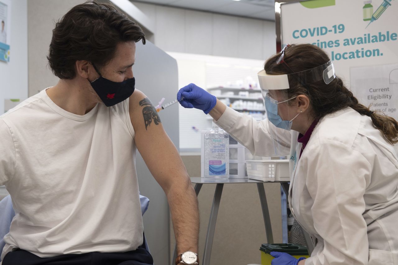 Canadian Prime Minister Justin Trudeau receives a dose of the AstraZeneca Covid-19 vaccine in Ottawa, Canada, on Friday, April 23. 