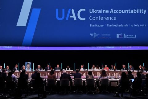 War crimes prosecutors and top European judicial authorities meet to coordinate efforts to investigate and put on trial alleged perpetrators of atrocities since Russia's invasion of Ukraine, at the Ukraine Accountability Conference in The Hague, Netherlands, on July 14.