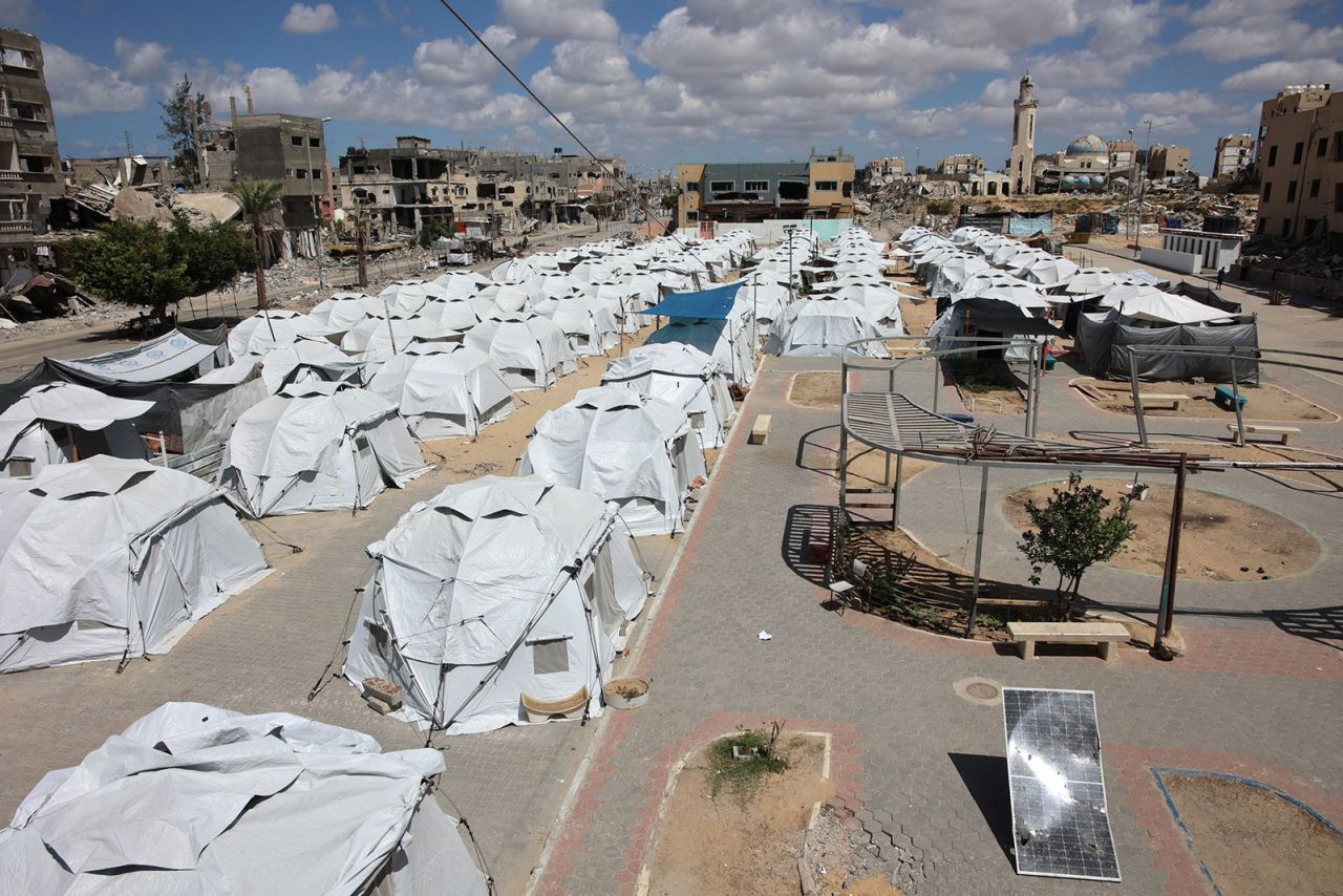 Rows of tents are set up for displaced Palestinians in Beit Lahia in the northern Gaza Strip.?