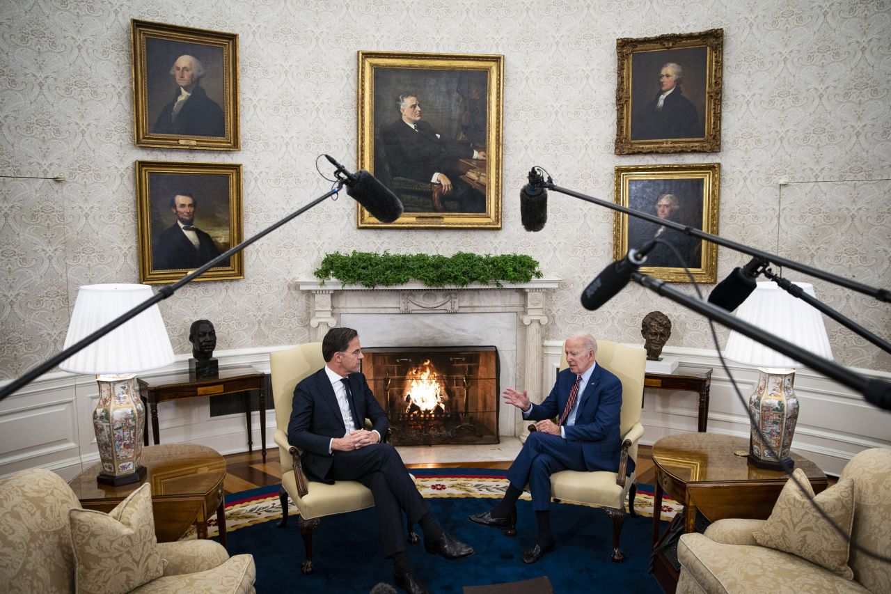 US President Joe Biden, right, speaks while meeting with Mark Rutte, Netherlands prime minister, in the Oval Office of the White House in Washington, DC on Tuesday.