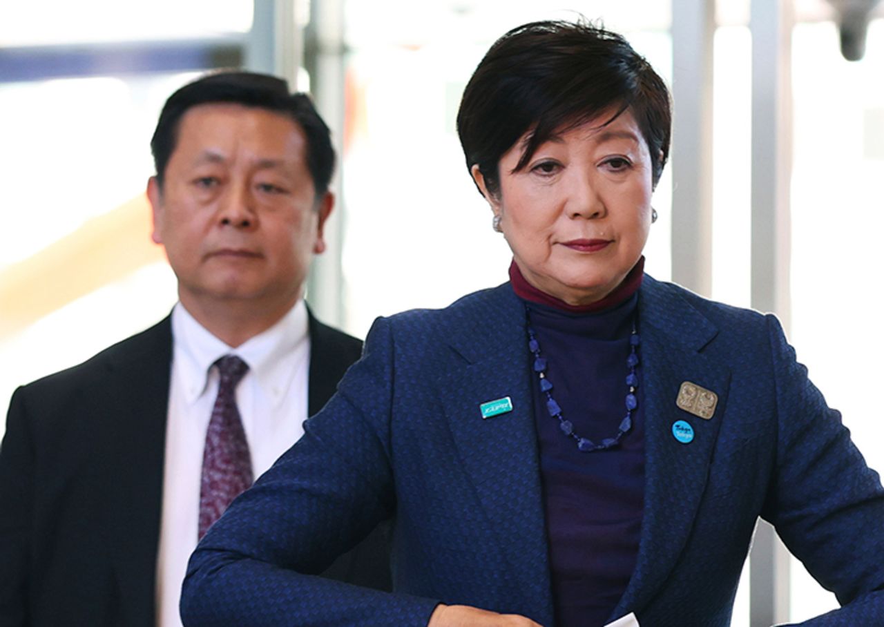 Tokyo Govenor Yuriko Koike arrives at Tokyo Metropolitan Government headquarters in Shinjuku Ward, Tokyo on Wednesday,  March 25.