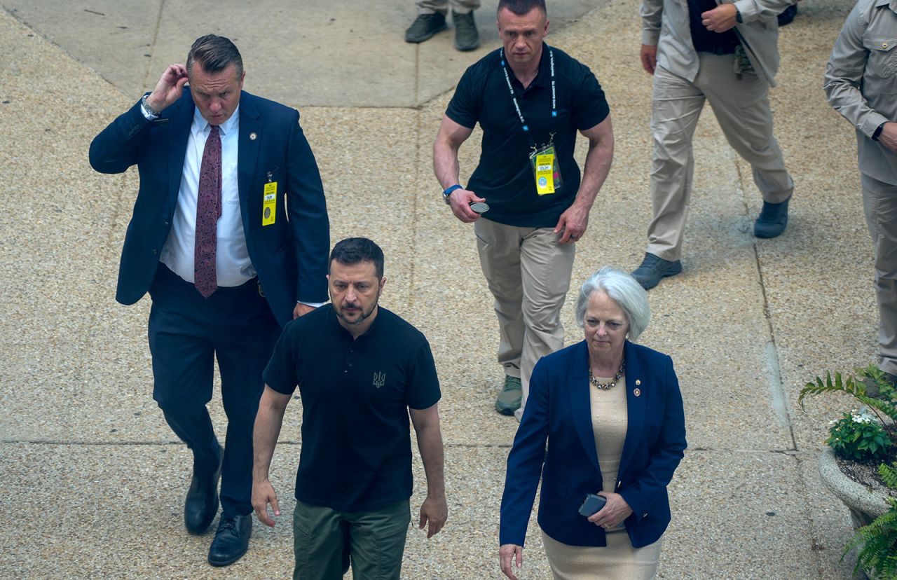 Ukrainian President Volodymyr Zelenskyy is escorted by Senate Sergeant at Arms Karen Gibson to a meeting with US Senators, on Wednesday, july 10. 