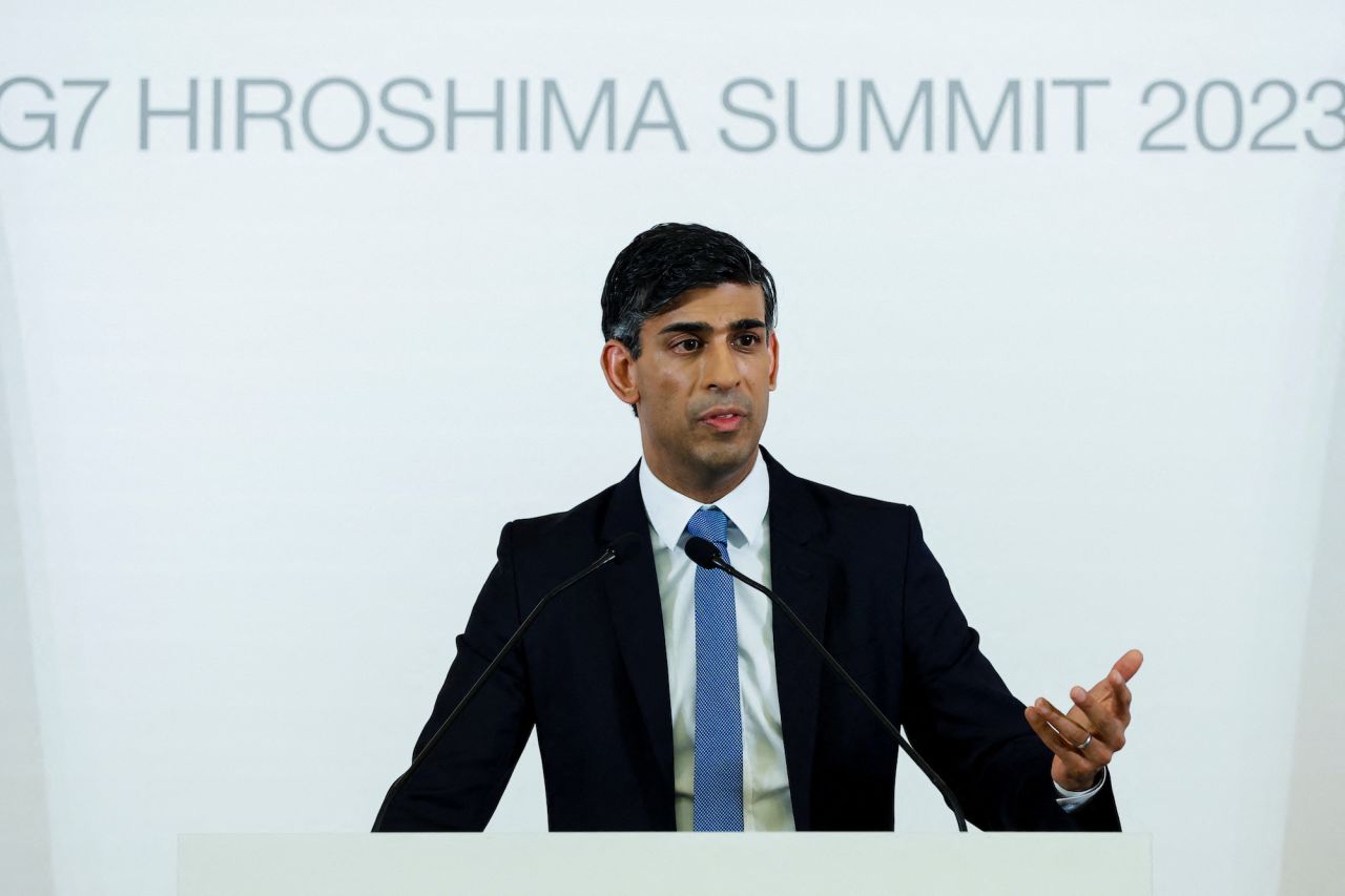 British Prime Minister Rishi Sunak attends a press conference at tthe G7 summit in Hiroshima on Sunday.