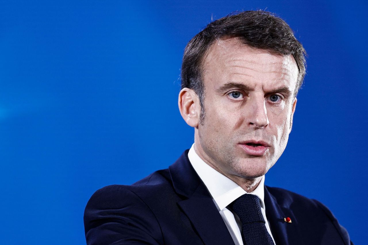 French President Emmanuel Macron speaks during a press conference in Brussels on March 22.