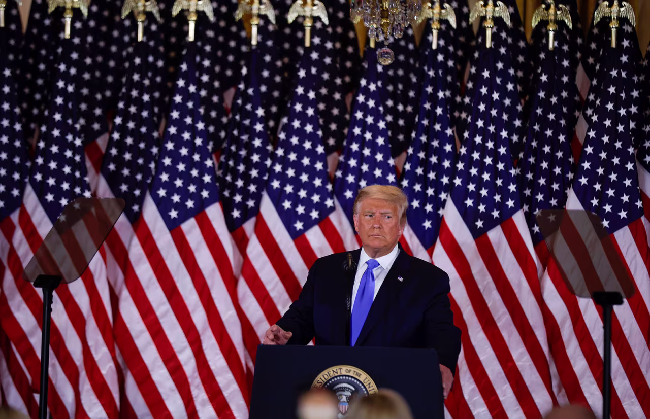 President Donald Trump speaks during election night in the East Room of the White House on November 4. 
