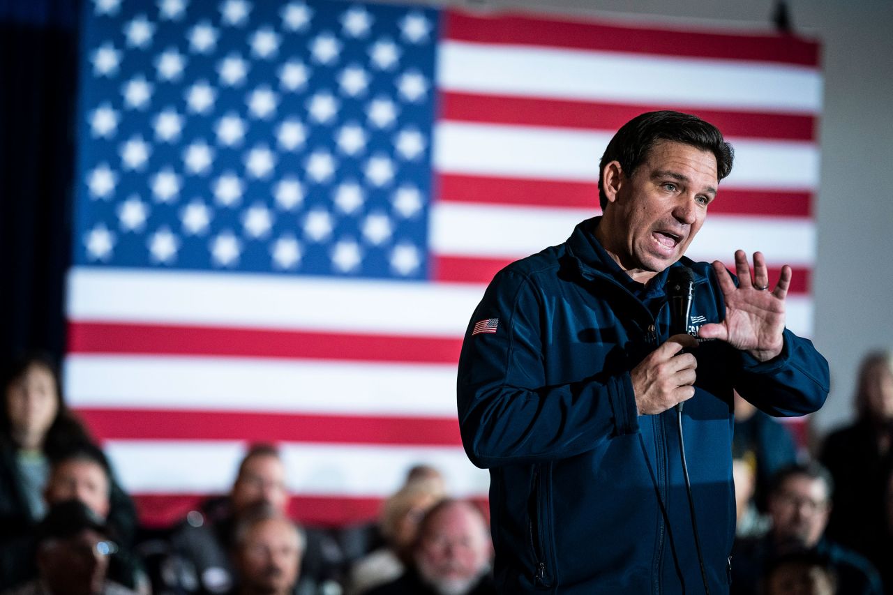 Florida Gov. Ron DeSantis speaks at a rally celebrating his 99th Iowa County held at the Thunderdome on Saturday, December 2, in Newton, Iowa.