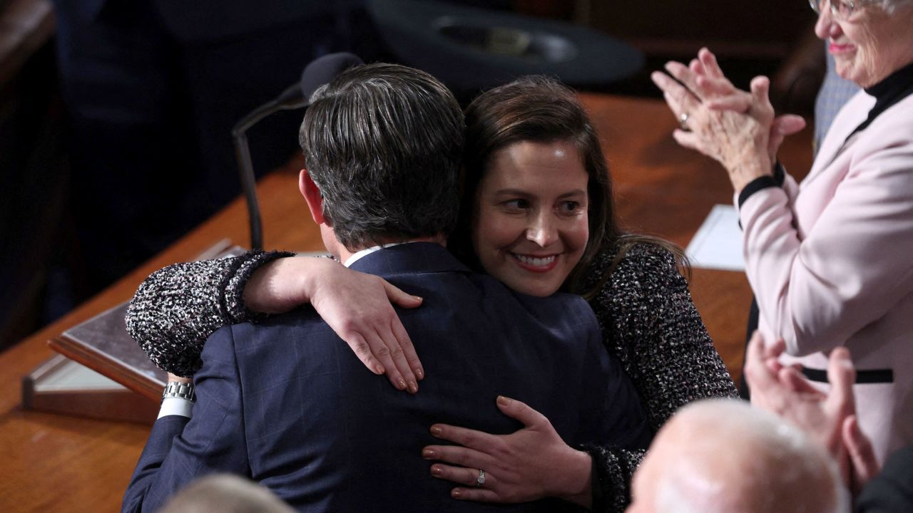 Rep. Elise Stefanik hugs House speaker nominee Rep. Mike Johnson before the fourth vote for House speaker at the US Capitol in Washington, DC, on October 25.