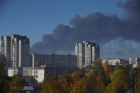 Smoke rises over the city after Russian missile strike in Lviv, Ukraine, on October 10.