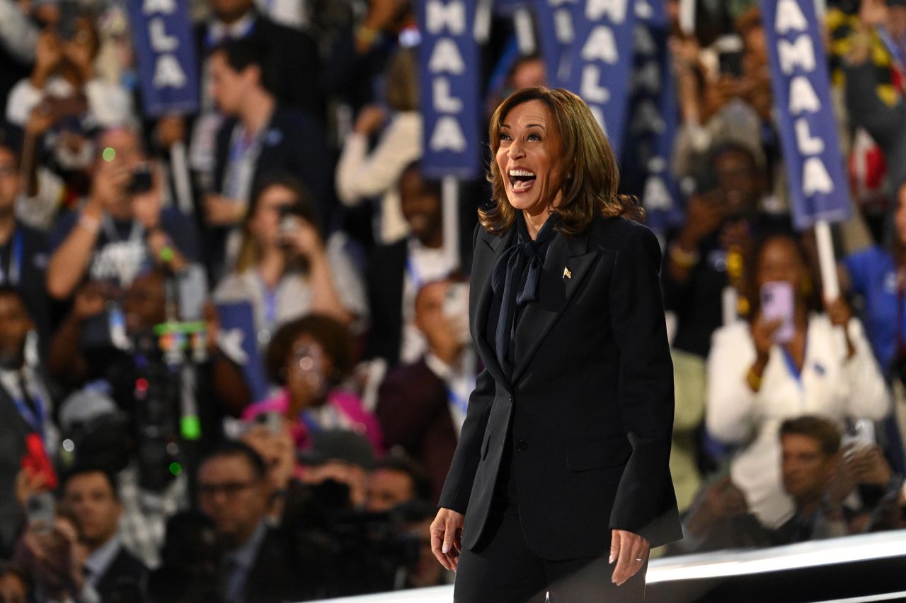 Democratic presidential candidate Vice President Kamala Harris takes the stage at the Democratic National Convention on August 22.  