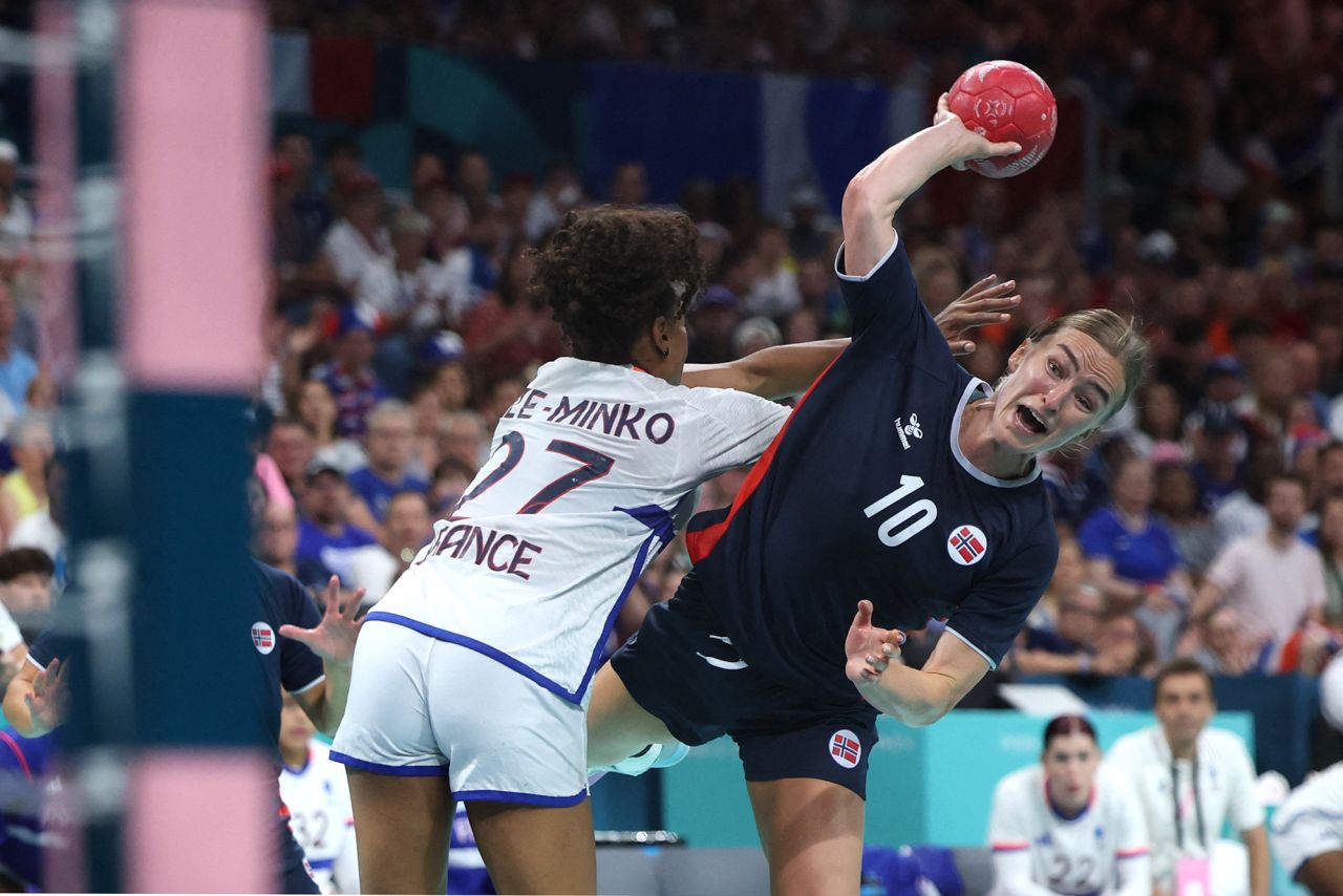 Norway's Stine Bredal Oftedal shoots during the women's handball gold medal match against France on August 10. 