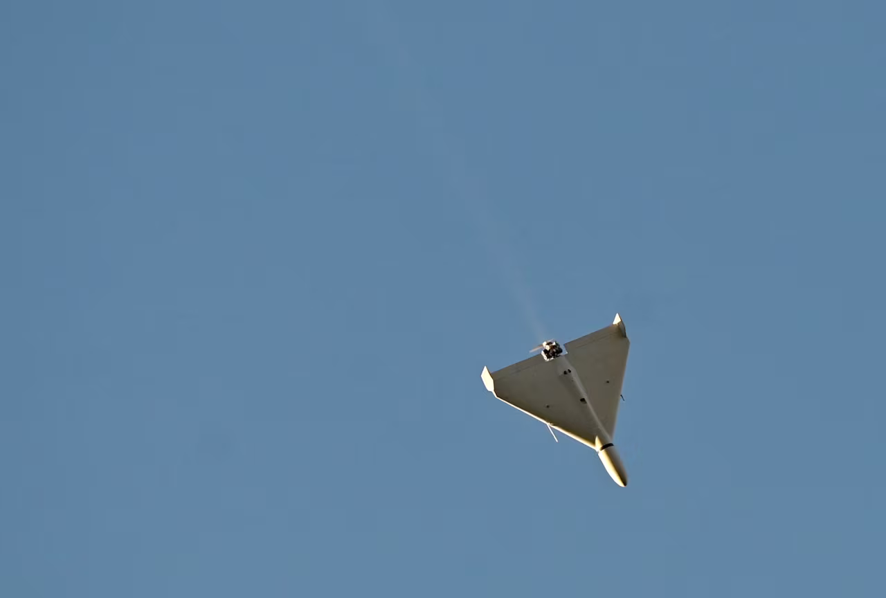 A drone flies over Kyiv, Ukraine, during an attack on October 17.