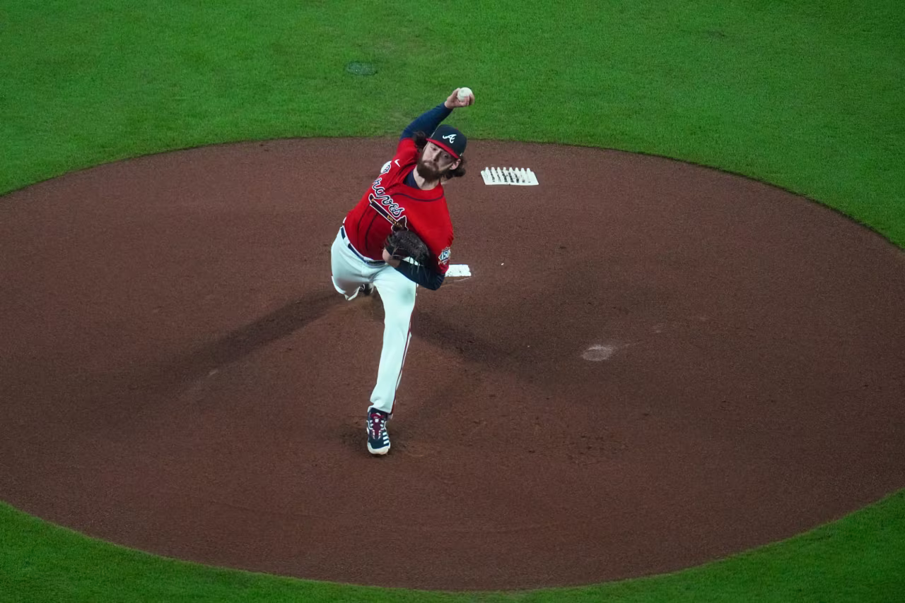 Atlanta Braves starting pitcher Ian Anderson throws during the first inning in Game 3 of baseball's World Series on Friday, October 29, in Atlanta. 