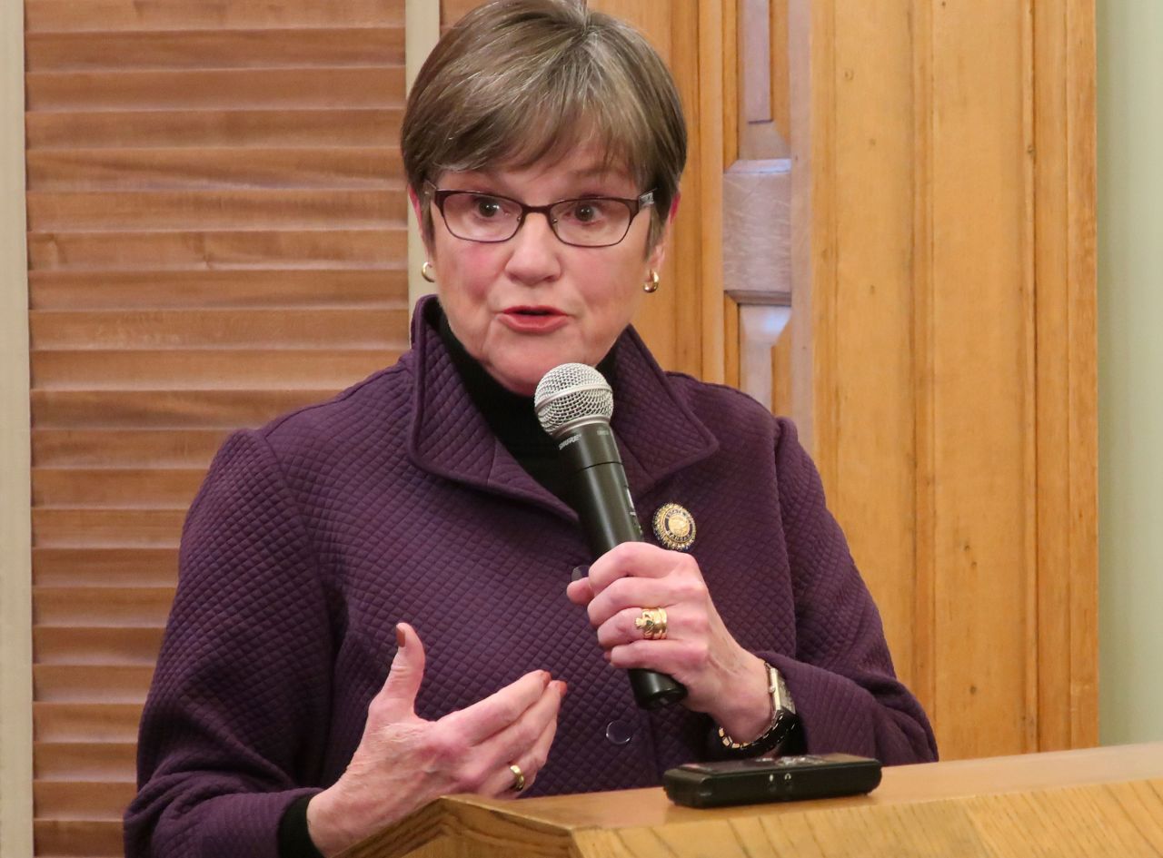 Kansas Gov. Laura Kelly answers questions from reporters in Topeka, Kanas, on March 15.