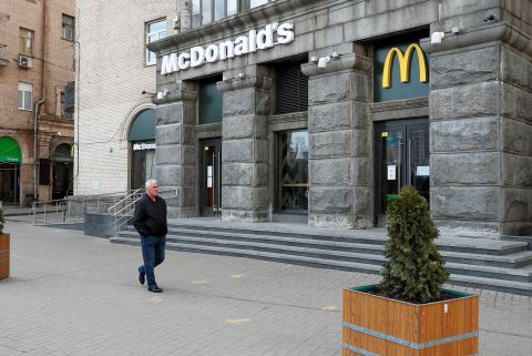 A man walks past a closed McDonald's restaurant in central Kyiv, Ukraine on February 25.
