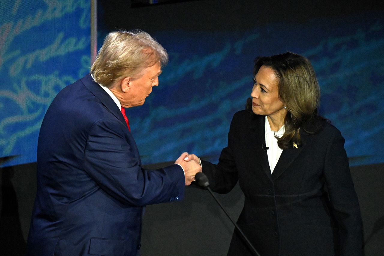 Former President Donald Trump shakes hands with Vice President Kamala Harris at the start of the ABC presidential debate in Philadelphia on Tuesday.