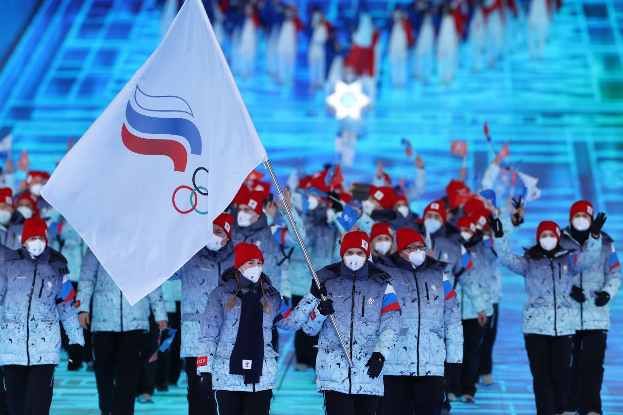 Flag bearers Olga Fatkulina and Vadim Shipachyov of Team ROC carry their flag during the Opening Ceremony of the Beijing 2022 Winter Olympics on February 04 in Beijing, China.