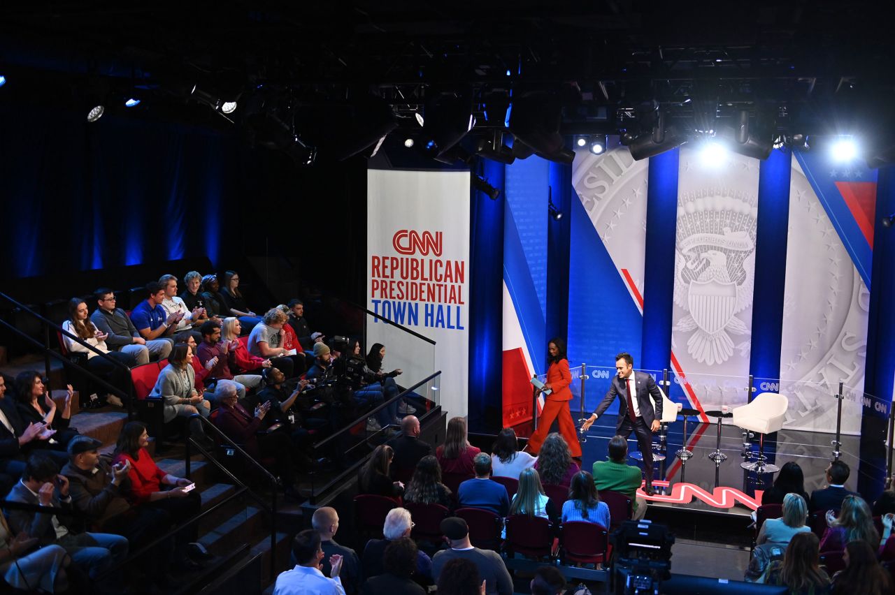 Republican presidential candidate Vivek Ramaswamy participates in a CNN Republican Town Hall moderated by CNN’s Abby Phillip at Grand View University in Des Moines, Iowa, on Wednesday, December 13, 2023.