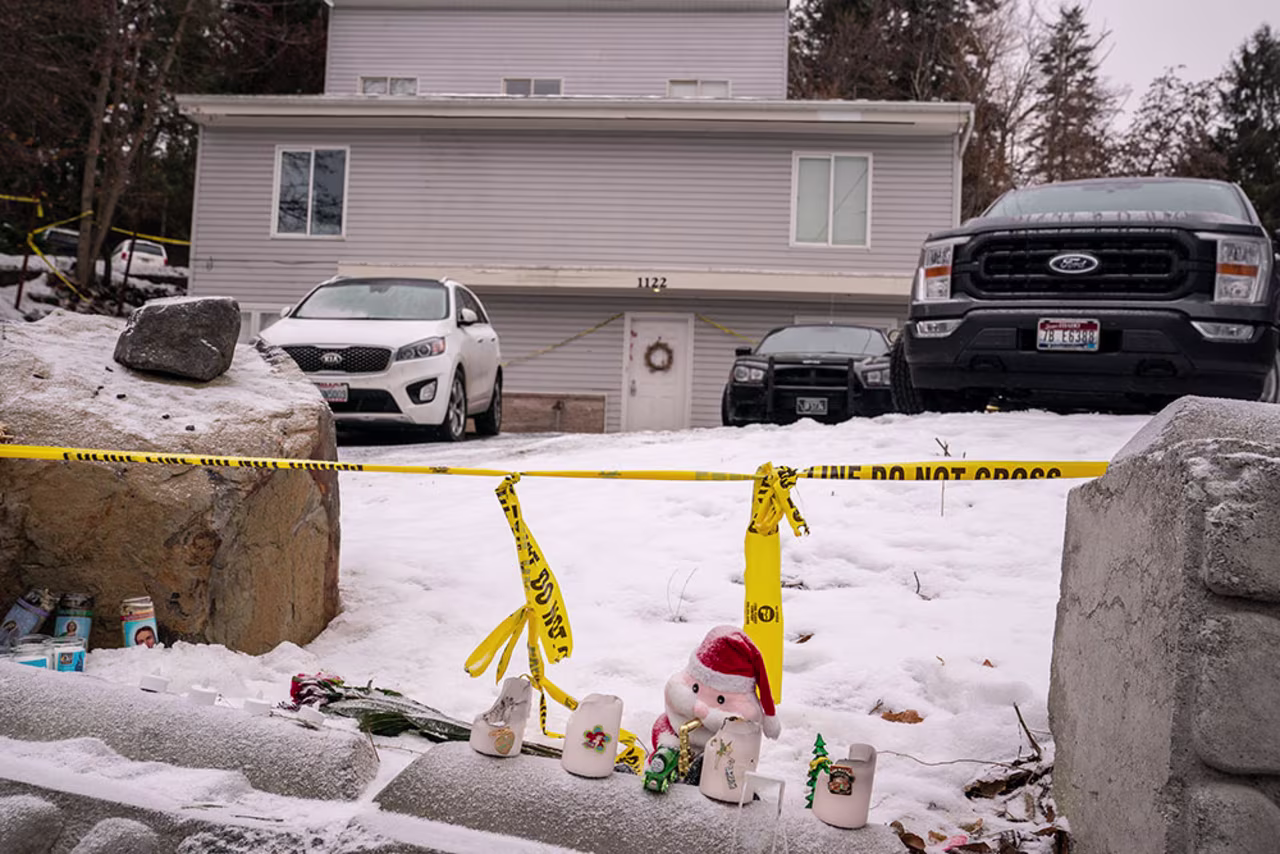 A makeshift memorial sits at the site of a quadruple murder, seen on January 3, in Moscow, Idaho. 