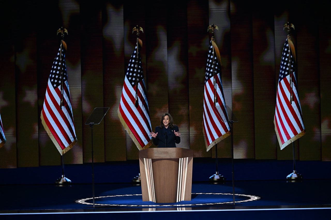 Vice President Kamala Harris speaks during the DNC on Thursday, August 22, in Chicago.