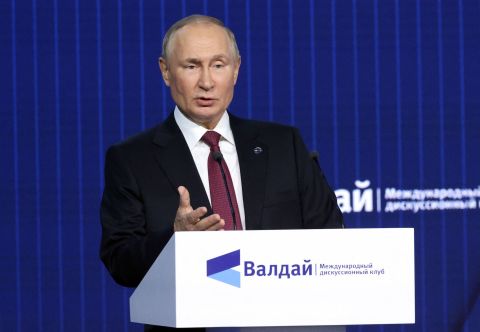Putin addresses a session of the Valdai Discussion Club forum in Moscow on October 27.