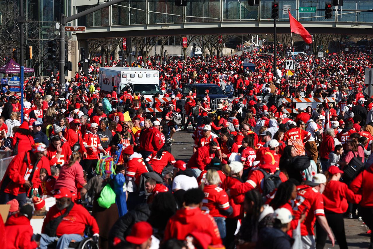 People leave the area following a shooting at Union Station following the Kansas City Chiefs Super Bowl LVIII victory parade on Wednesday in Kansas City.