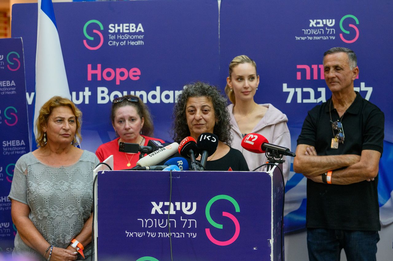 Orit Meir, left, Anna Kozlov, Rozi Ziv, Jennifer Master and Yaakov Argamani attend a news conference at the Sheba Medical Center in Ramat Gan, Israel, on June 8.