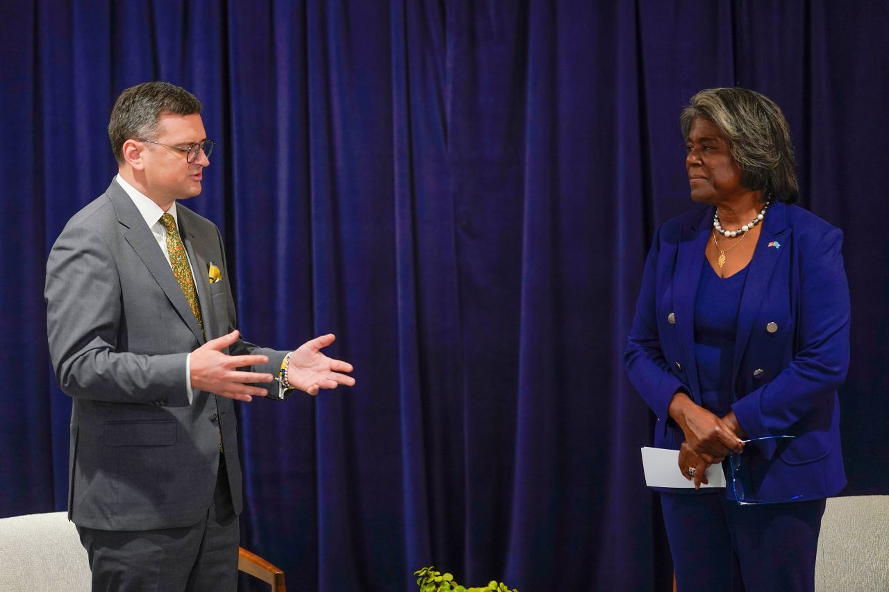 Ukraine's Foreign Minister Dmytro Kuleba talks with the US Ambassador to the United Nations Linda Thomas-Greenfield before the start of their meeting in New York on Tuesday.