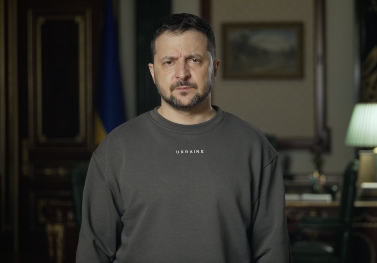 Ukrainian President Volodymyr Zelensky delivers his nightly address from Kyiv on April 10.