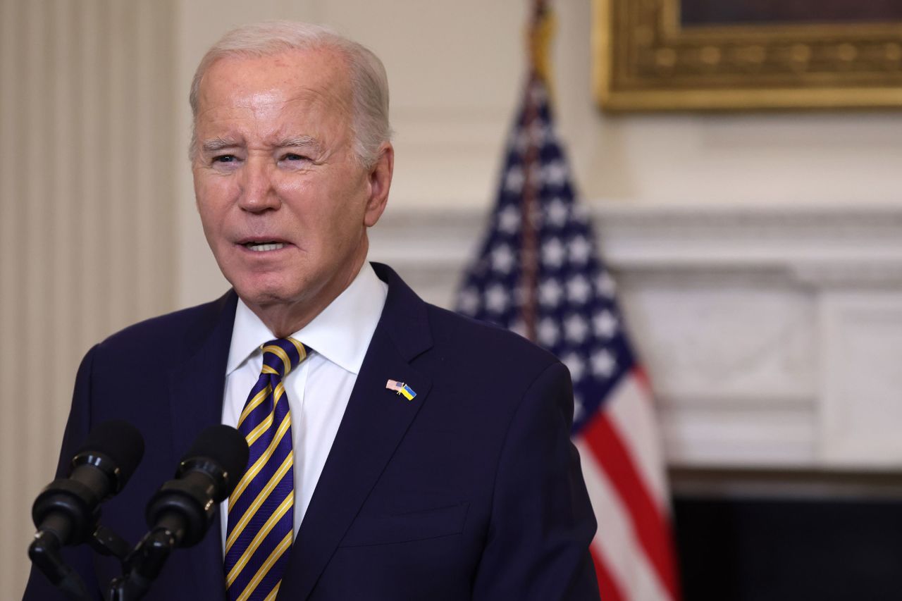 President Joe Biden delivers remarks on the Emergency National Security Supplemental Appropriations Act in the State Dining Room of the White House on February 6, in Washington, DC.