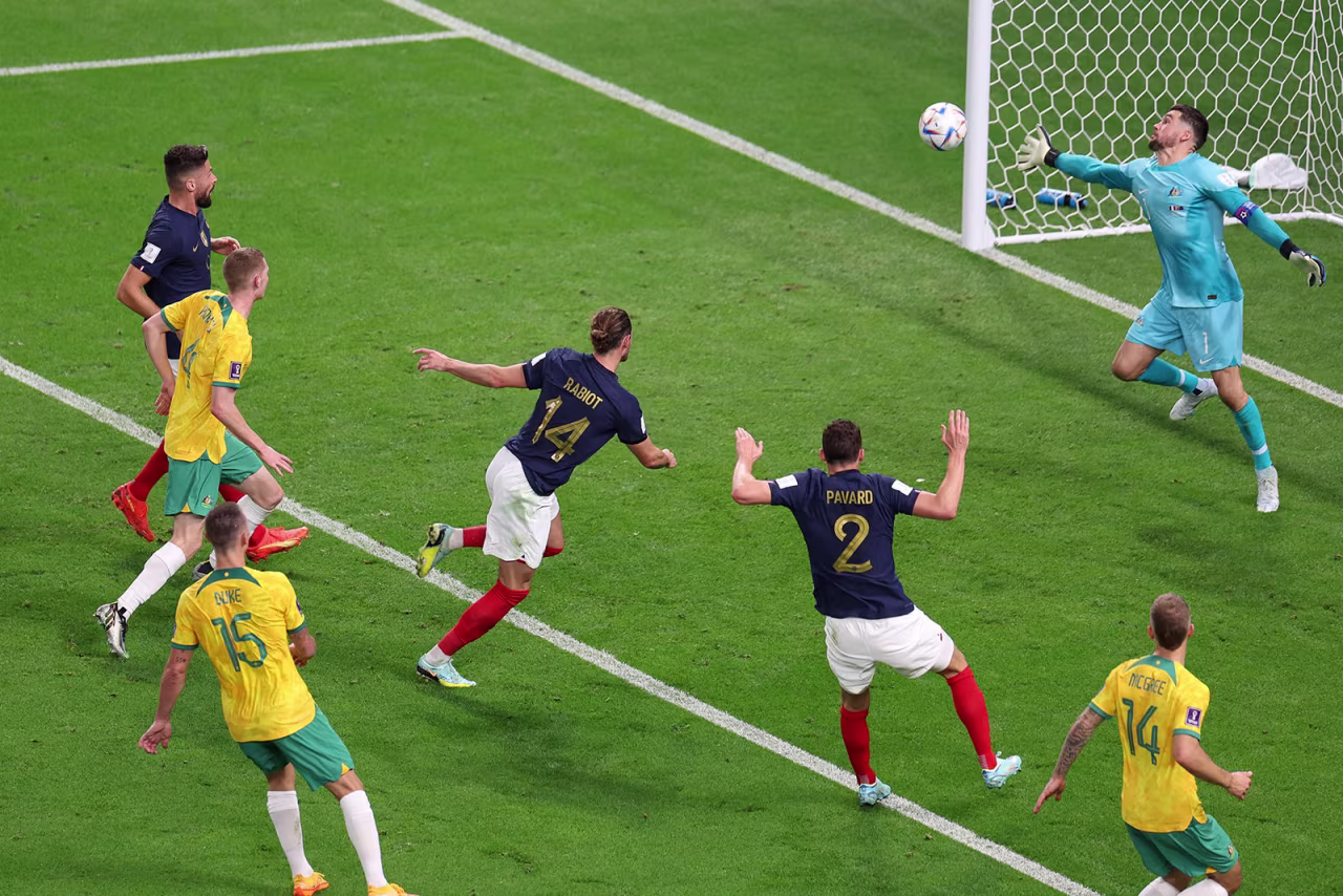 France's Adrien Rabiot scores their team's first goal during a match against Australia on November 22.