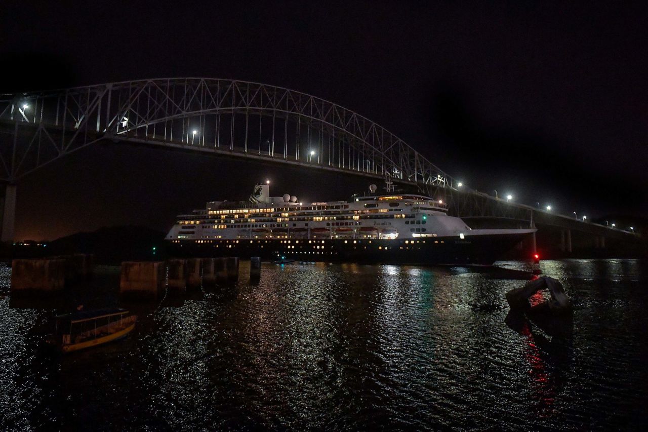 Holland America's cruise ship Zaandam navigates through the Panama Canal on March 29.LUIS ACOSTA/AFP via Getty Images)