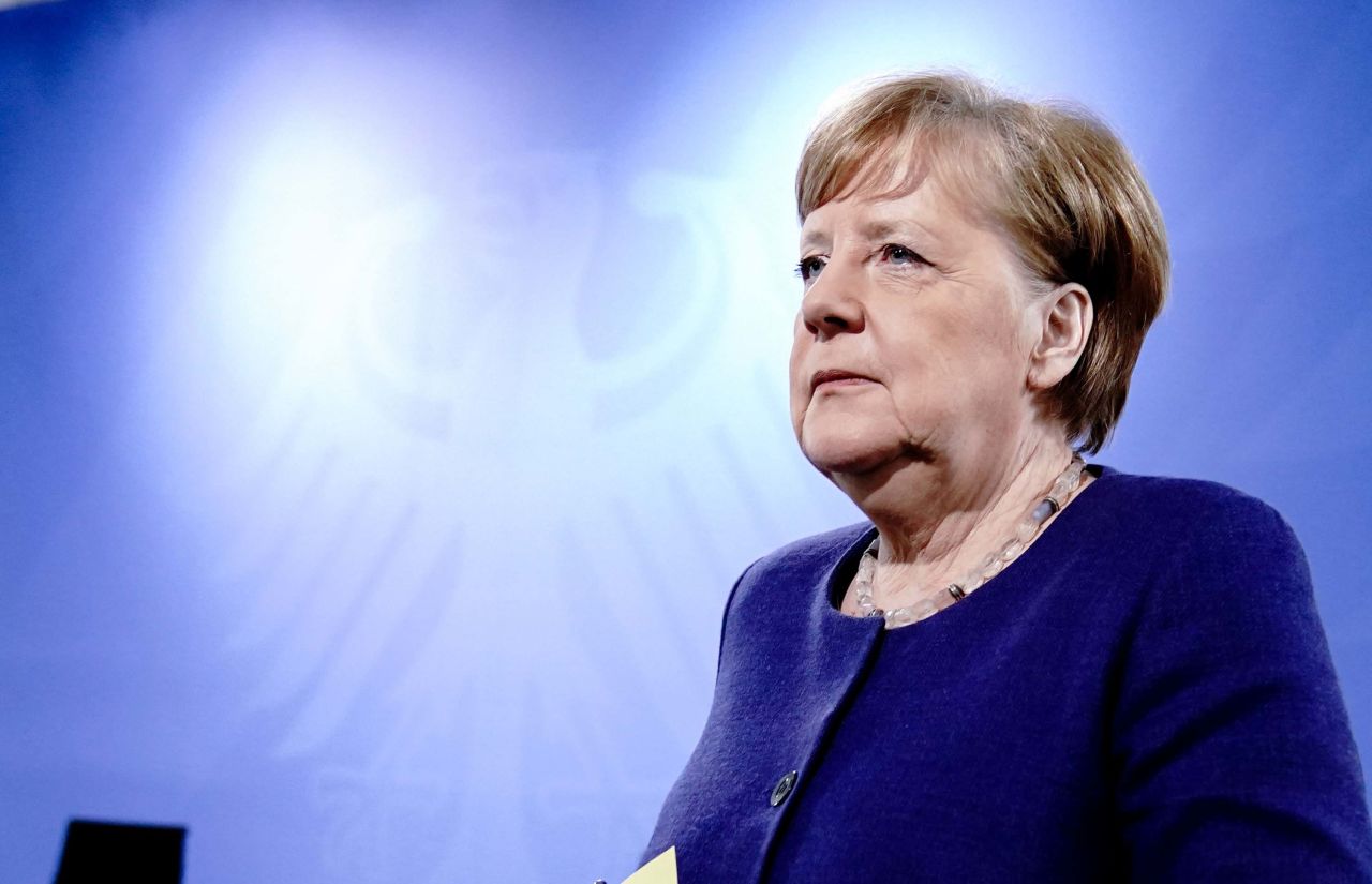 German Chancellor Angela Merkel addresses a press conference in Berlin on April 30. 