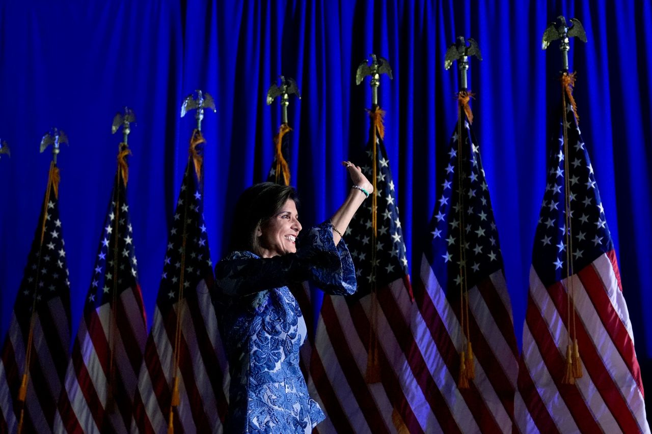 Nikki Haley waves to the audience as she speaks at a New Hampshire primary night rally, in Concord, New Hampshire, on Tuesday.