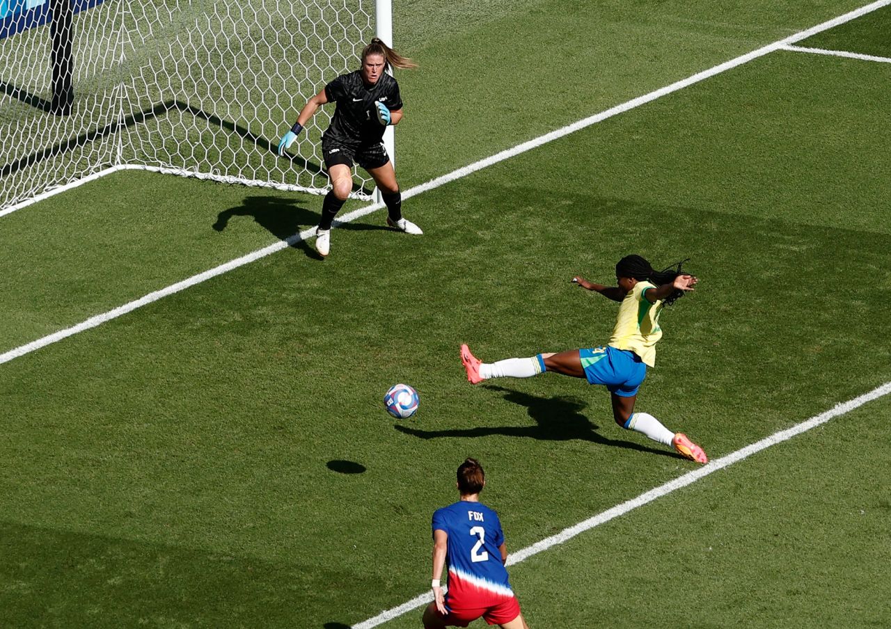 Ludmila of Brazil scores a goal that was later disallowed, during the match against the US on August 10. 