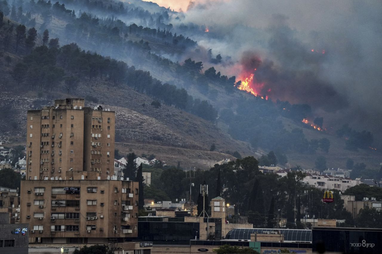 A fire burns near Kiryat Shmona, Israel, on June 3.