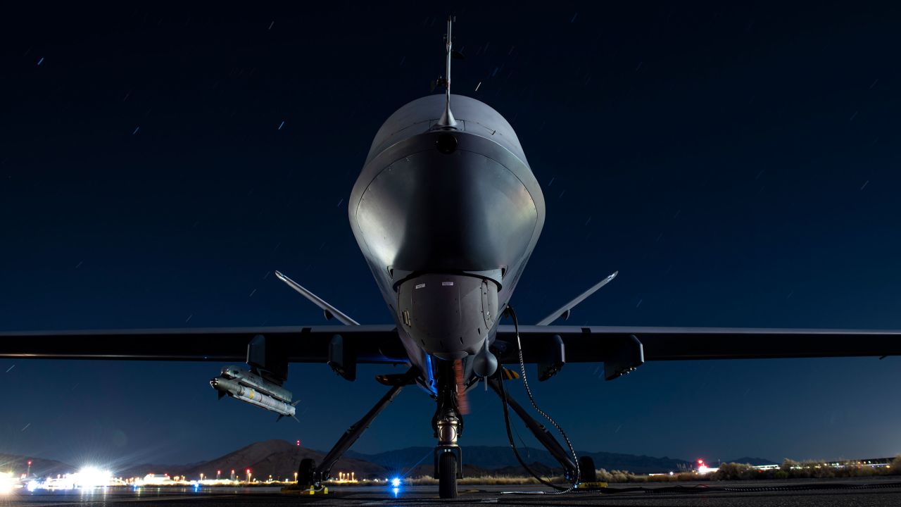 A US Air Force MQ-9 Reaper assigned sits on the ramp at Creech Air Force Base, Nevada, during a weapons test on September 3, 2020.