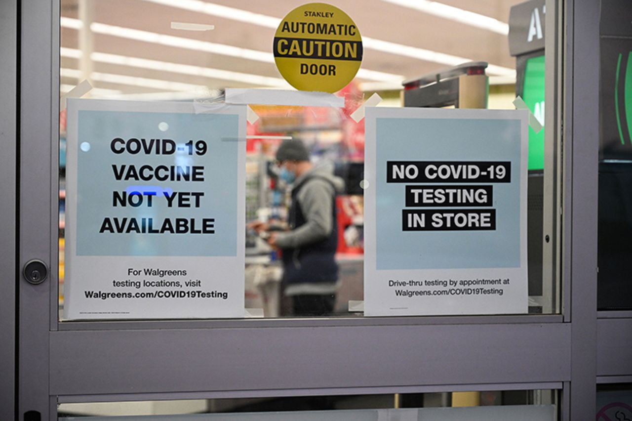 A sign on the entrance to a pharmacy reads "Covid-19 Vaccine Not Yet Available", November 23, 2020 in Burbank, California.?