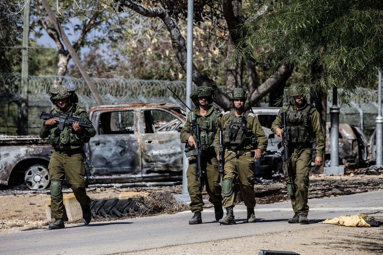 Israeli soldiers patrol near the Gaza border in Nir Oz, Israel, on October 19.